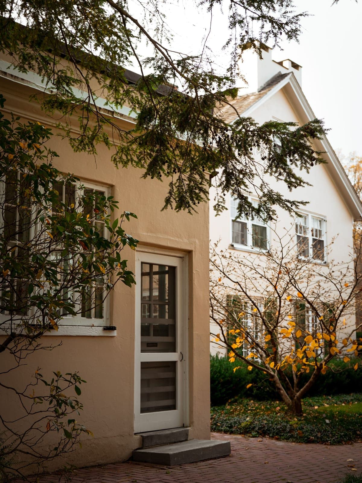 A quiet corner of an older home in autumn, with a screen door, painted clapboard and a brick path.